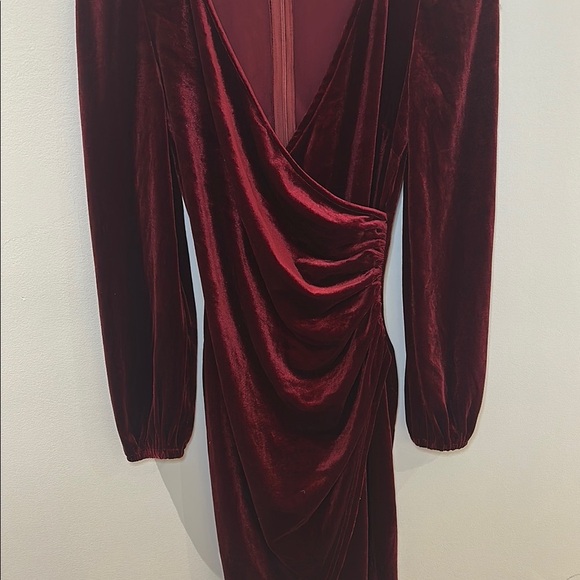 Red Ruched Wrap Sheath Dress with Long Bishop Sleeves for Cocktail - Picture 5 of 10